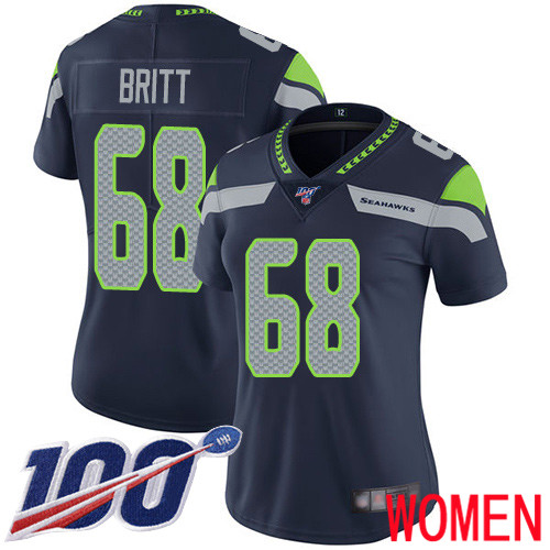 Seattle Seahawks Limited Navy Blue Women Justin Britt Home Jersey NFL Football 68 100th Season Vapor Untouchable